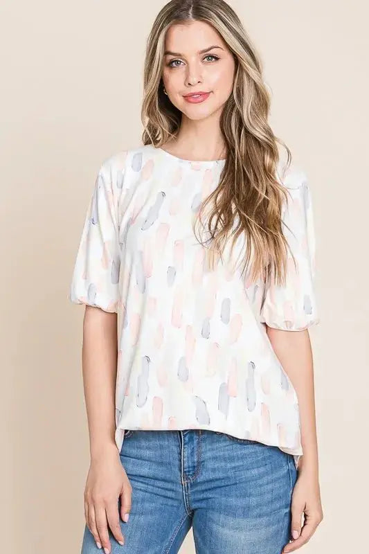 BOMBOM Round Neck Puff Short Sleeve Blouse for Women - Love Salve